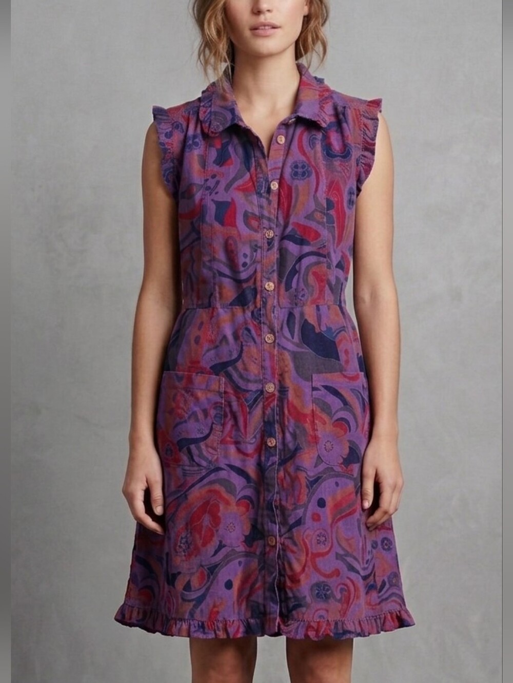 NEVER WORN Free People Purple Printed Sleeveless Button-Front Shirt Dress Sz L